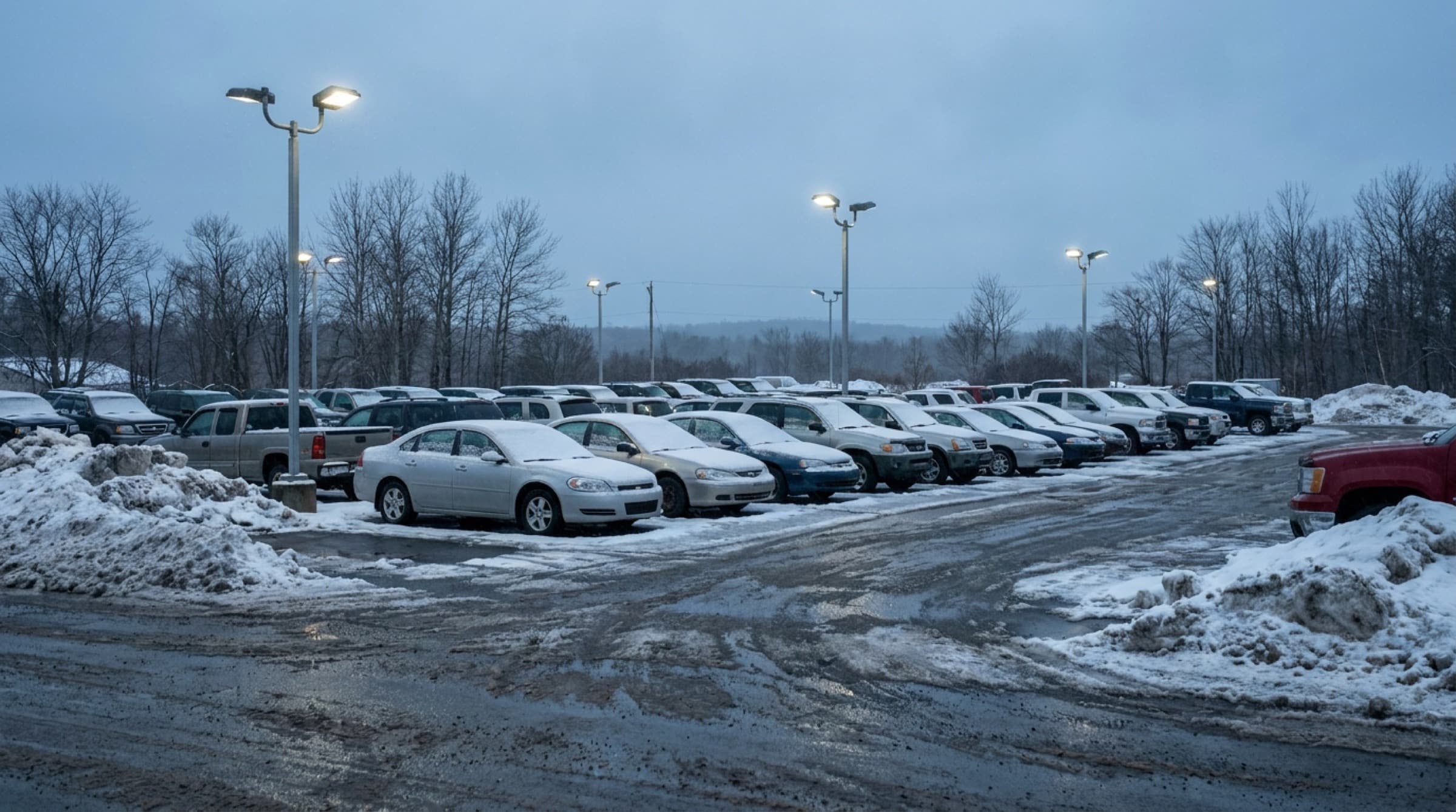 A used-car lot in Nova Scotia under snow, rows of sedans and trucks beneath the lot lights