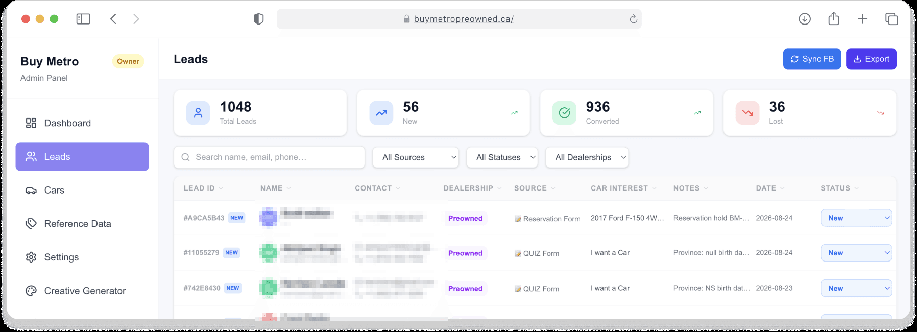 The Buy Metro leads dashboard in a browser — each lead with its source, car interest and status. Shopper names and numbers are blurred.
