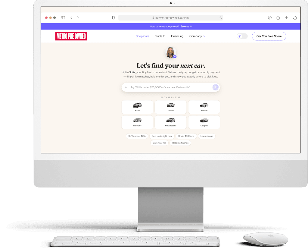 Sofia, the AI sales assistant, greeting a shopper on the live Buy Metro Pre-Owned website