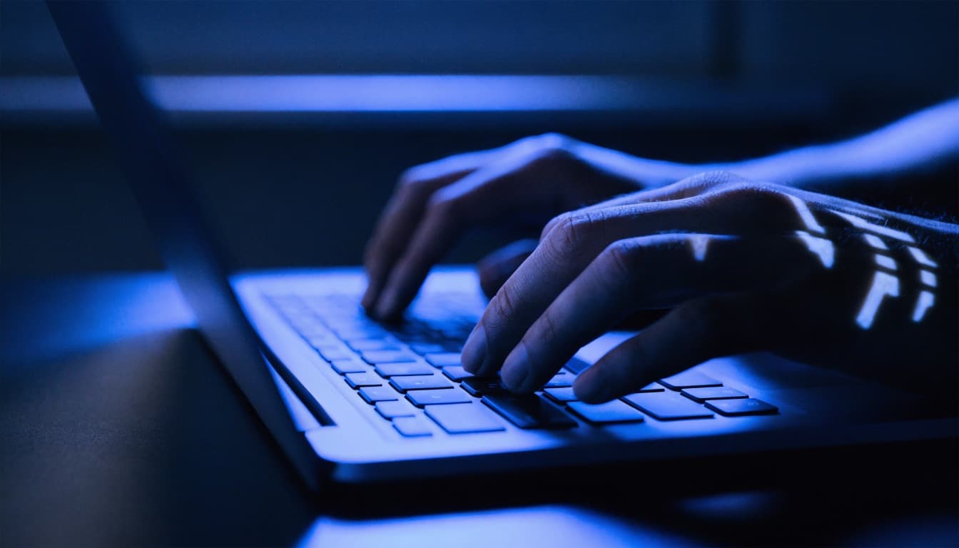 Hands on a laptop at night, campaign figures reflected on the desk