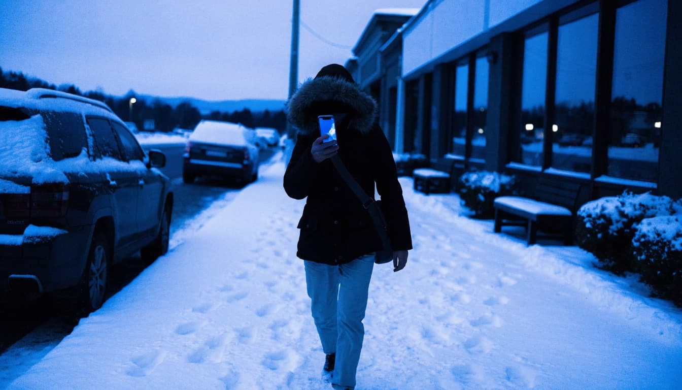 A buyer checking directions on a phone on a snowy street