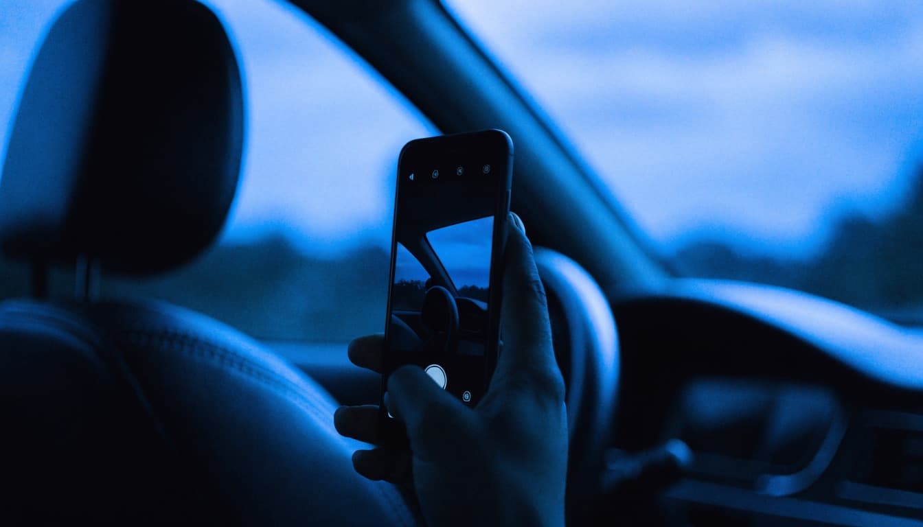 A phone filming the interior of a car on the lot at dusk