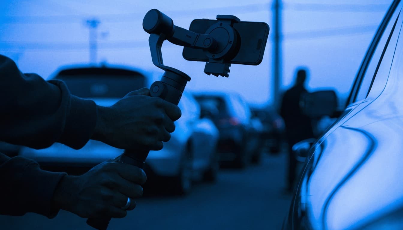 A creator filming a vehicle walkaround on the lot at dusk