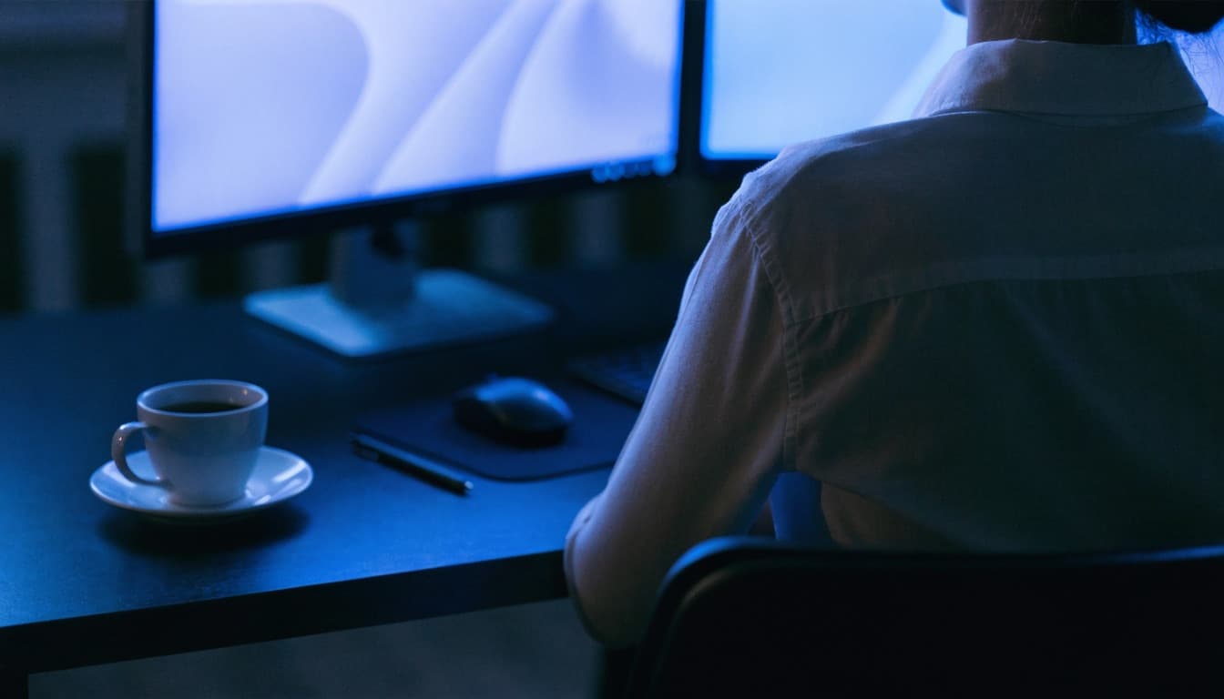 A dealership manager reviewing performance at a desk at night