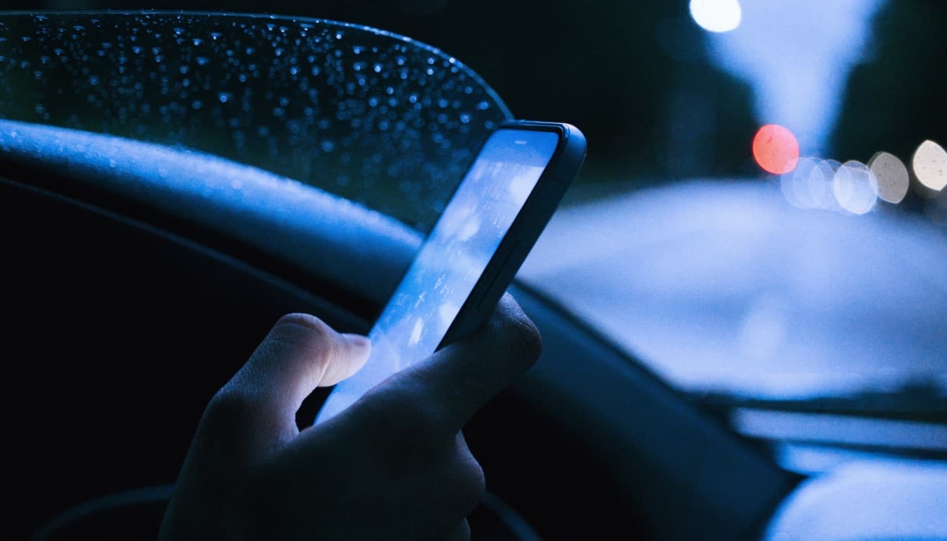 A buyer looking at a dealership site on a phone in a car at night