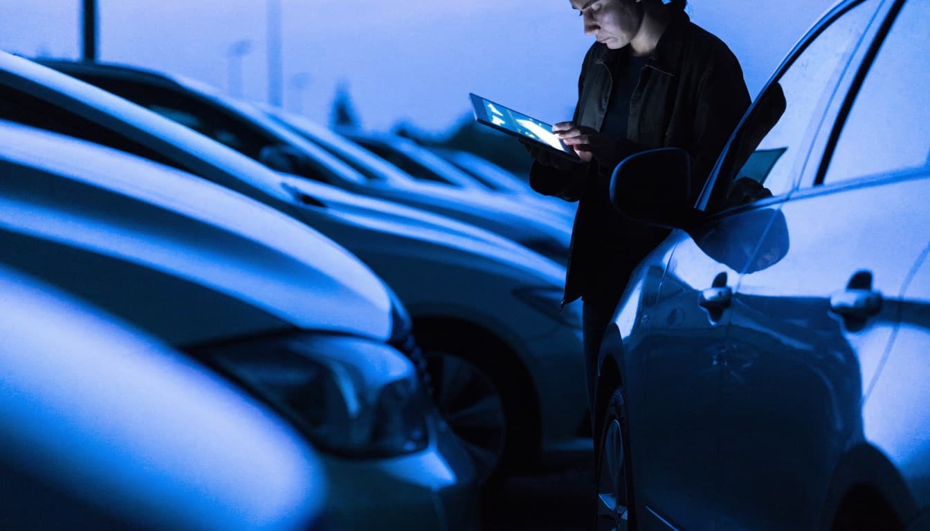 A salesperson updating inventory from a tablet on the lot