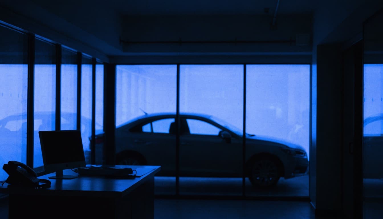 An empty dealership showroom after closing time
