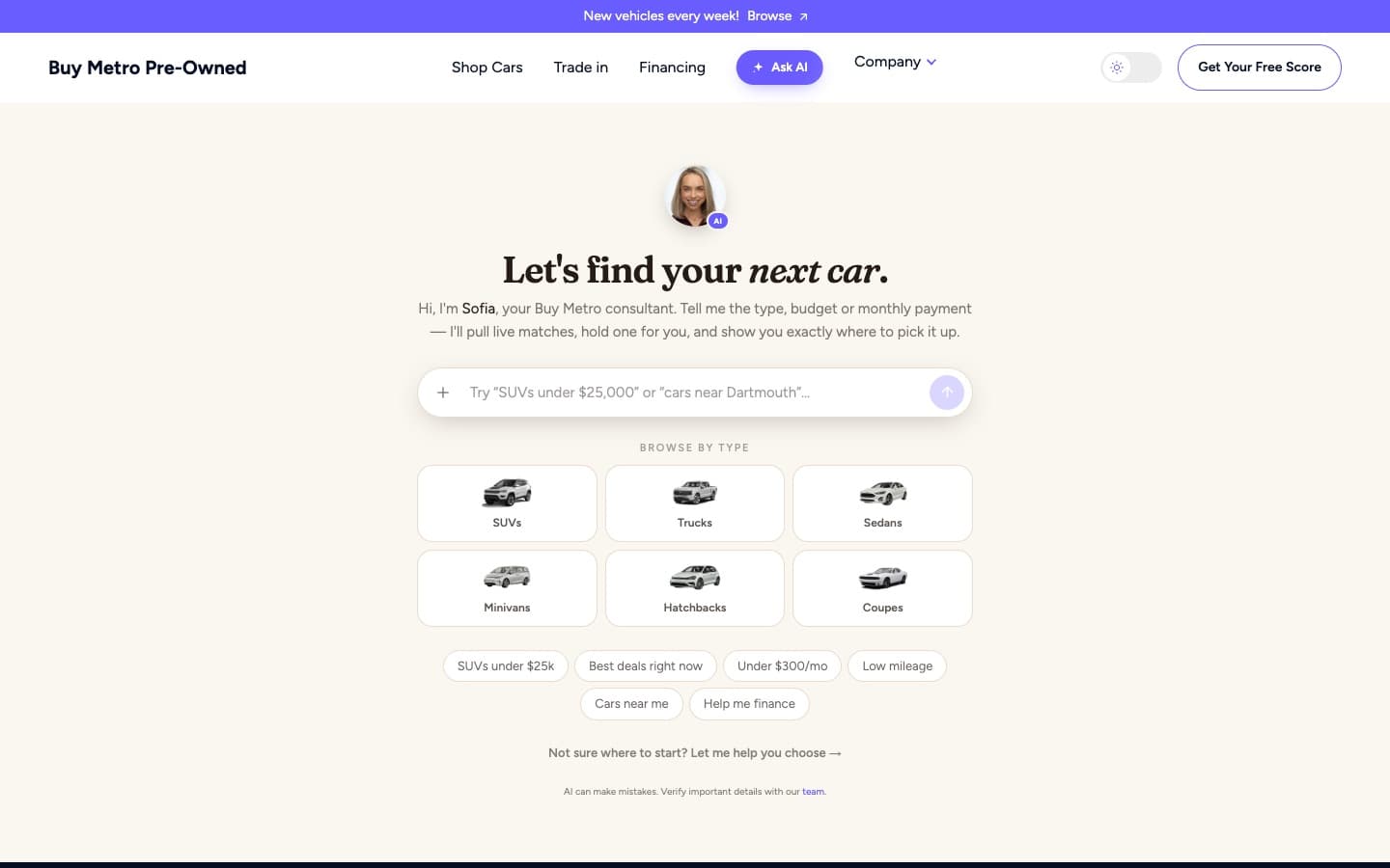The AI assistant page inviting the customer to describe the car they want