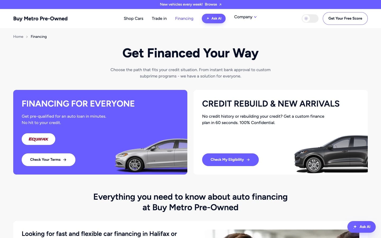 Financing page with an Equifax pre-approval path and a credit-rebuild path