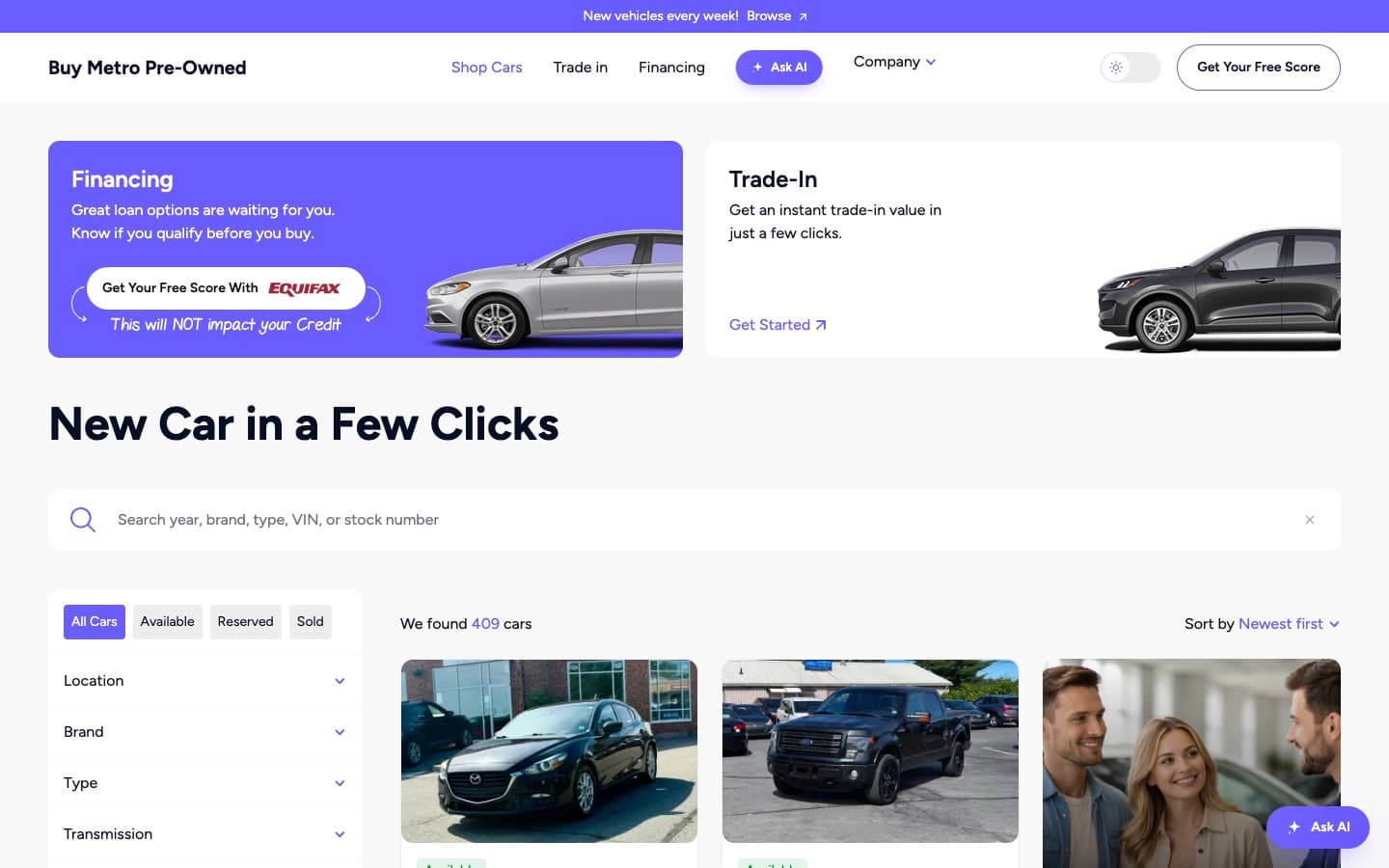 Buy Metro Pre-Owned — Buy Metro home page showing search, filter sidebar and the live inventory grid