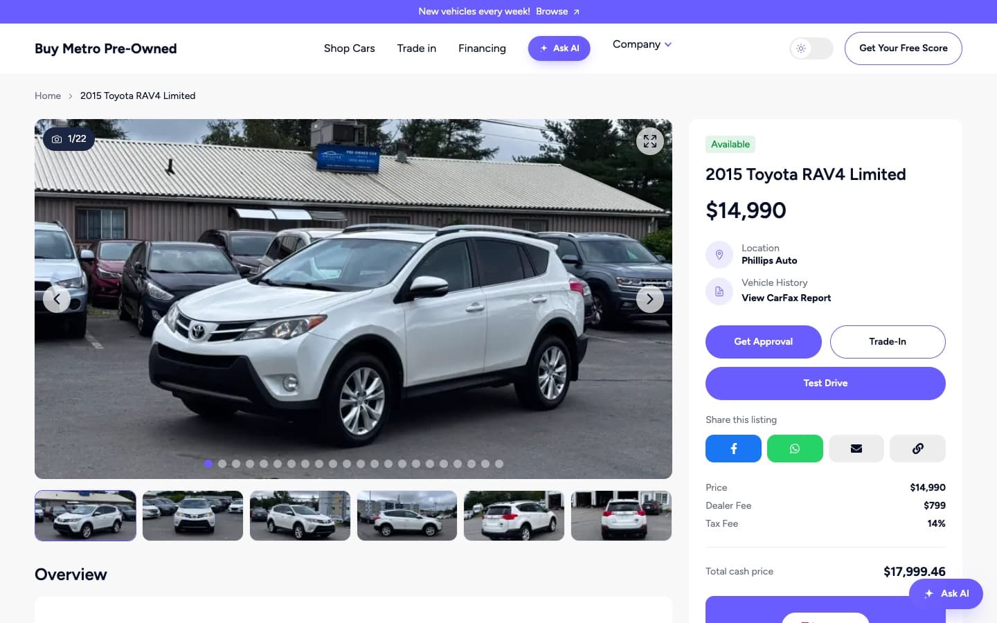 Vehicle detail page for a 2015 Toyota RAV4 with gallery, CarFax and price breakdown