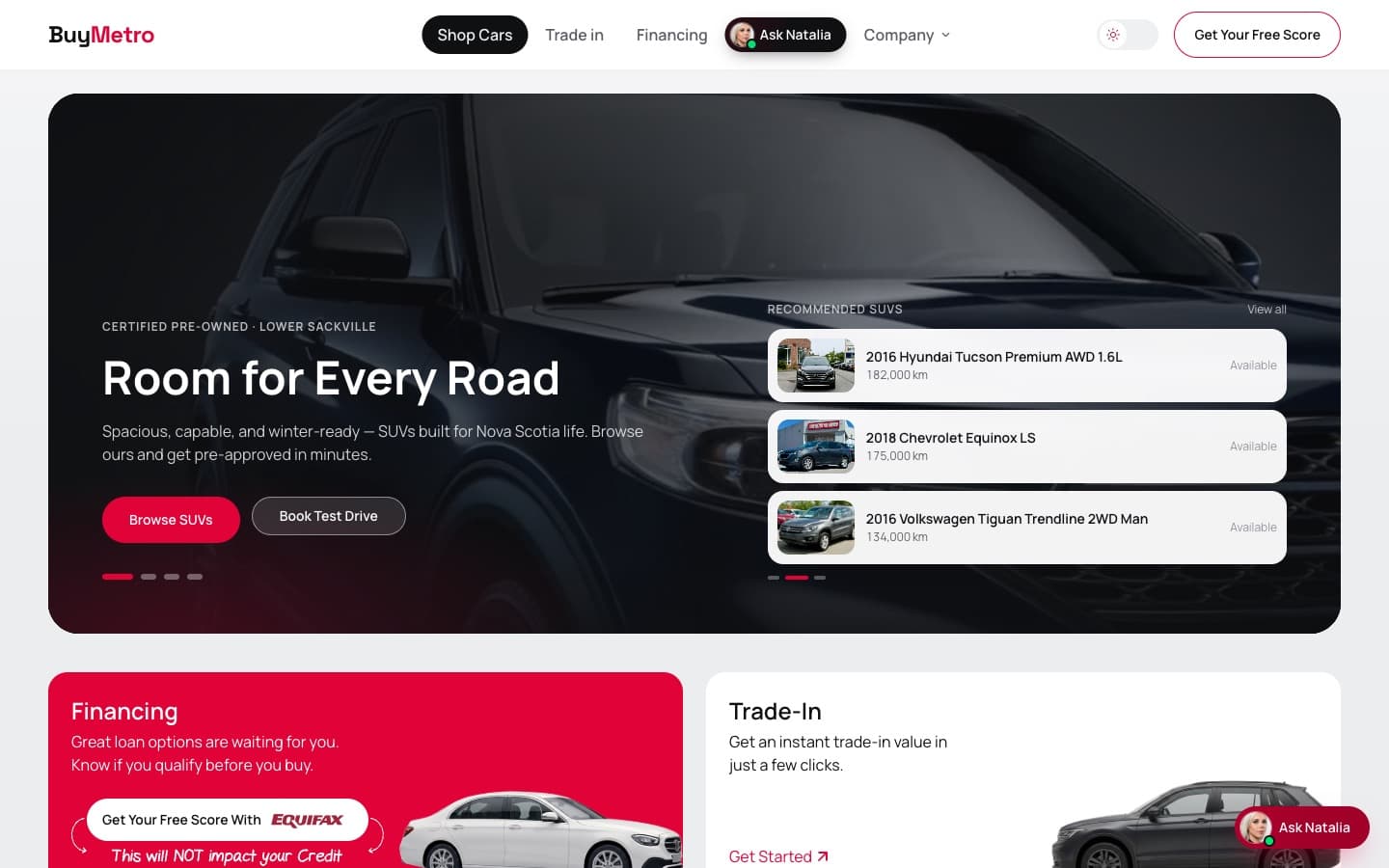BuyMetro dealer template — Template home page with hero, recommended SUVs and the Ask Natalia assistant