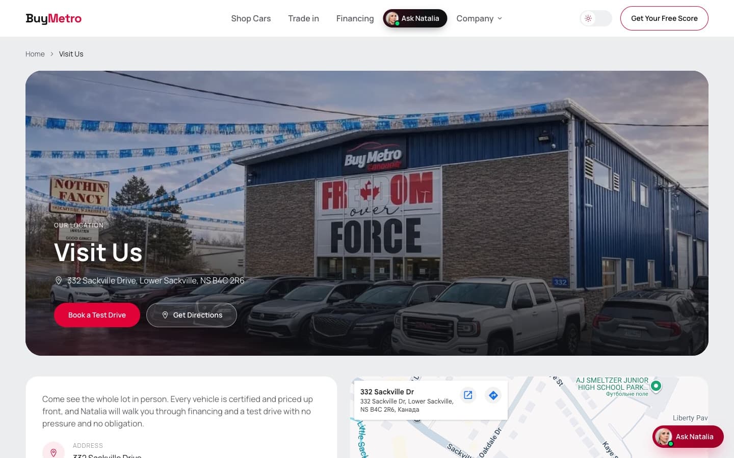Template locations page with dealership photo, address and a map