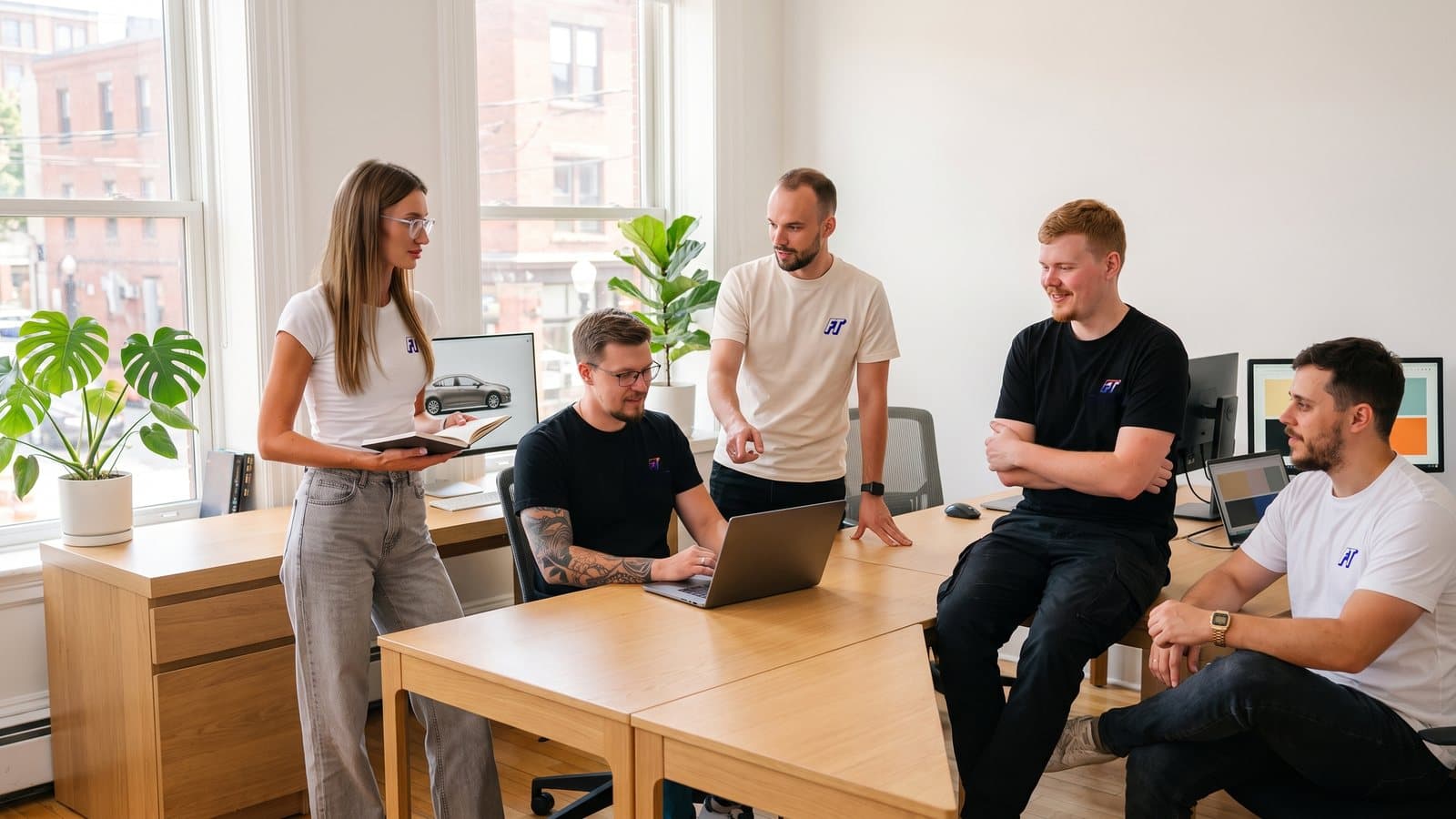 The FastTurn team — Yulia, Denis, Roman, Yaroslav and Pavel — talking around a desk in a bright office.