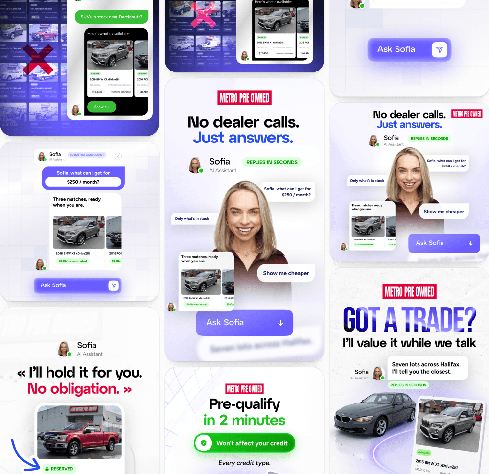 A collage of the real ad creatives running for Buy Metro — actual cars from the lot with their prices, not stock photography.