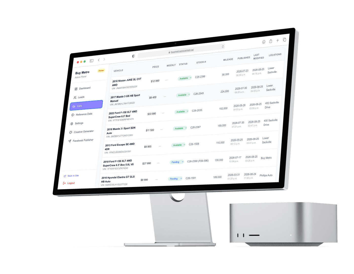 The inventory list in the CRM we built for our client Buy Metro Pre-Owned, on a Studio Display — price, status, stock number, mileage and location for every vehicle.