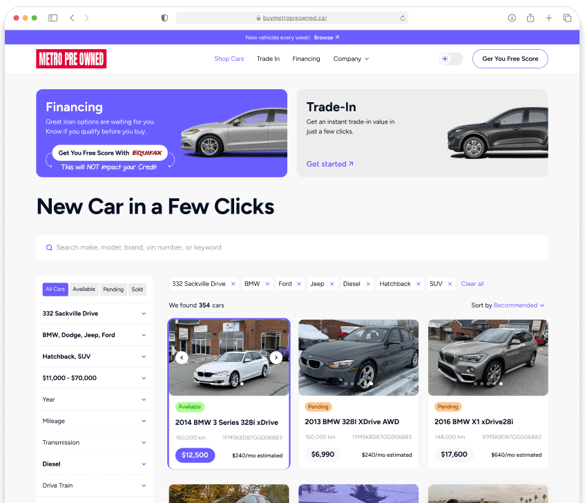 The live Buy Metro Pre-Owned inventory page: financing and trade-in panels above a searchable grid of cars with prices